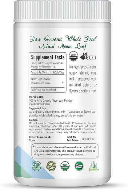 Organic Aura Neem Leaf Powder (Azadirachta Indica). 100% Pure Neem, Raw and Green. USDA Certified Organic Neem for Immune Support, Skin, and Hair. Naturall Source of Antioxidants and Detox.