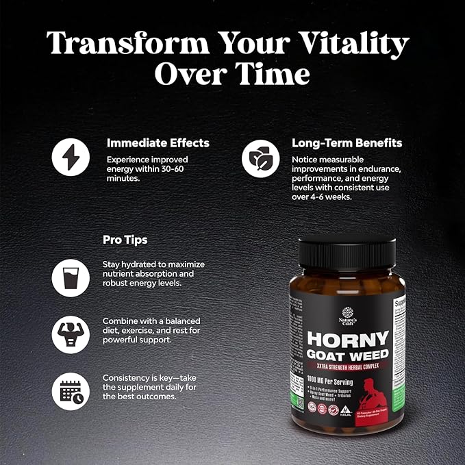 Horny Goat Weed for Men Enhancement - Extra Strength Male Enhancing Supplement with Black Maca Root, Tongkat Ali, Saw Palmetto & Panax Ginseng Extract for Stamina & Energy - 60 Capsules