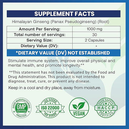 Himalaya's Care Panax Ginseng Supplement 1000mg - 60 Vegan Capsules - Korean Red Ginseng Extract Root Powder Pills for Men and Women - for Natural Energy, Focus, Immune Support, Vitality & Stamina