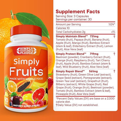 Simply Nature's Pledge - 90 Fruit Capsules - Made with Whole Food Superfoods, Packed with 25 Different Fruits - 100% Soy Free
