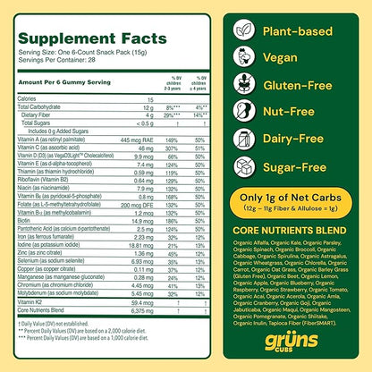 Gruns Kids Vitamins, Super Greens Gummies, Sugar-Free Superfood Gummy Bears With Spirulina, Chlorella, Prebiotics Fiber for Digestive Health, Adaptogens Supplement, 20 Vitamins & Minerals, 28 day Pack