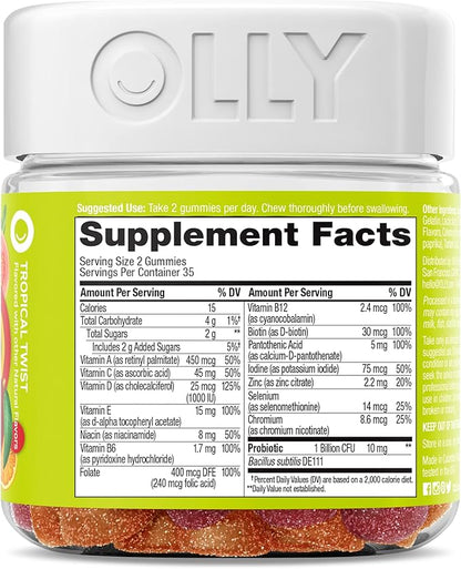 OLLY Multi + Probiotic Adult Multivitamin Gummy, 1 Billion CFUs, Digestive and Immune Support Chewable Supplement, Tropical Twist, 35 Day Supply - 70 Count