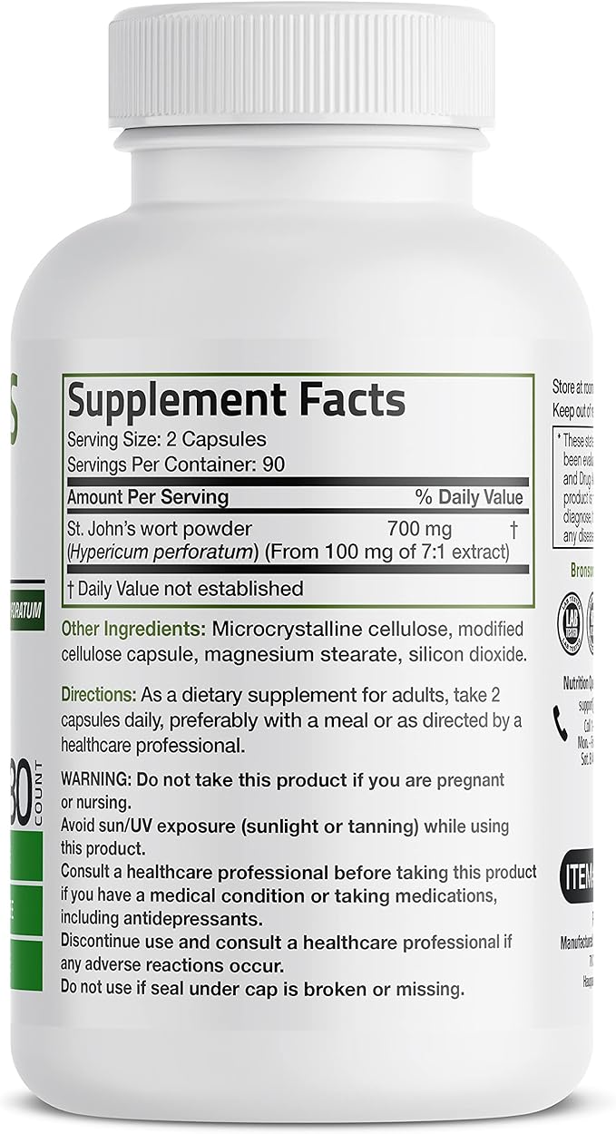 Bronson St. John's Wort 700 MG per Serving Hypericum Perforatum Supports a Positive Mood - Non-GMO, 180 Vegetarian Capsules