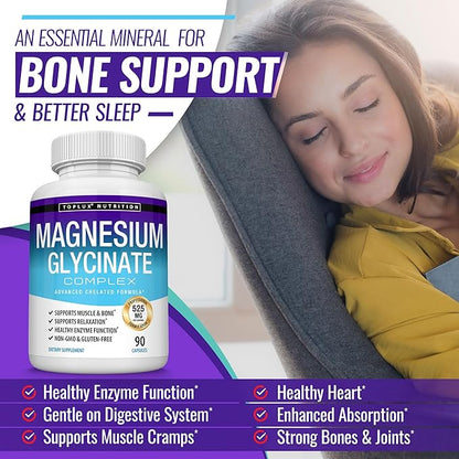 Magnesium Glycinate 525mg - High Absorption Chelated Magnesium Supplement Made with Pure Magnesium Glycinate - Supports Muscles, Sleep, Cramps, Recovery Bisglycinate Complex Vegan Non-GMO 90 Capsules