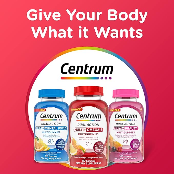 Centrum MultiGummies Multi+ Omega 3 Dual Action, Adult Multivitamin, Multivitamin/Multimineral/Omega 3 Supplement, Strawberry/Lemon/Orange Flavors - 110 Count (Pack of 5)