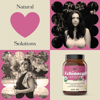 Complete Natural Products Organic Echinacea Root Capsules & Purpurea Root Dried Powder Extract - 600mg 100 Veggie Pills Healthy Herbal Support