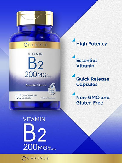 Carlyle Vitamin B-2 | Riboflavin | 200mg | 150 Count | Vegetarian, Non-GMO & Gluten Free Essential Supplement