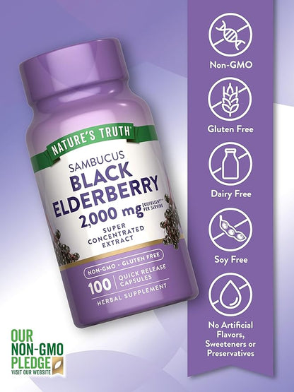 Nature's Truth Black Elderberry Capsules | 100 Count | Super Concentrated Sambucus Extract | Non-GMO and Gluten Free Supplement