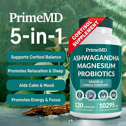 5-in-1 Cortisol Supplement with Ashwagandha for Mood, Stress, Relaxation, Adrenal and Cortisol Support - Herbal Supplements with Shilajit Extract, Magnesium Glycinate, Probiotics (120 ct, Pack of 1)