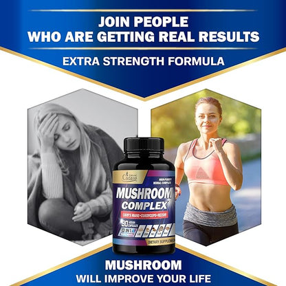 Organic Cadane Mushroom Complex Supplements - Brain Health, Immune System, Memory & Energy Production - 13in1 with Lions Mane Mushroom, Bacopa, Reishi & More - 90 Vegan Capsules