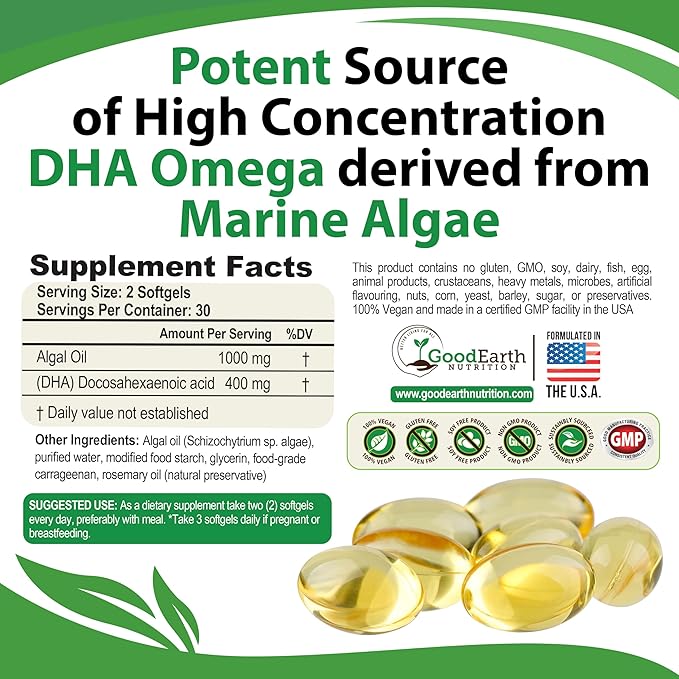 Algal Oil - Vegan DHA Omega 3 Fish Oil Supplements - Brain Booster,Supplement & Prenatal Vitamin -Provides Healthy Heart & Immune Support - Burpless Algae Supplement - 60 Mini Fish Softgels