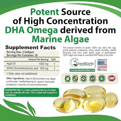 Algal Oil - Vegan DHA Omega 3 Fish Oil Supplements - Brain Booster,Supplement & Prenatal Vitamin -Provides Healthy Heart & Immune Support - Burpless Algae Supplement - 60 Mini Fish Softgels