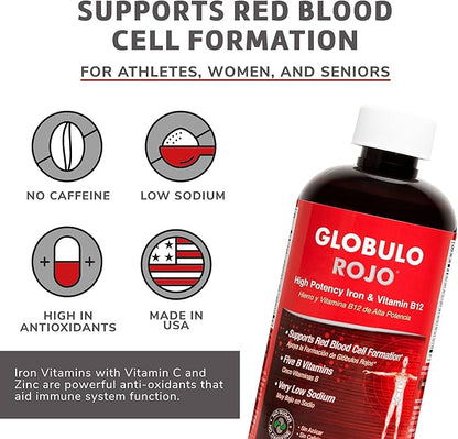 Globulo Rojo Iron Supplement - Liquid Dietary Supplement with High Potency Iron & B Vitamins (Vegan) (16 Fl Oz (Pack of 1))