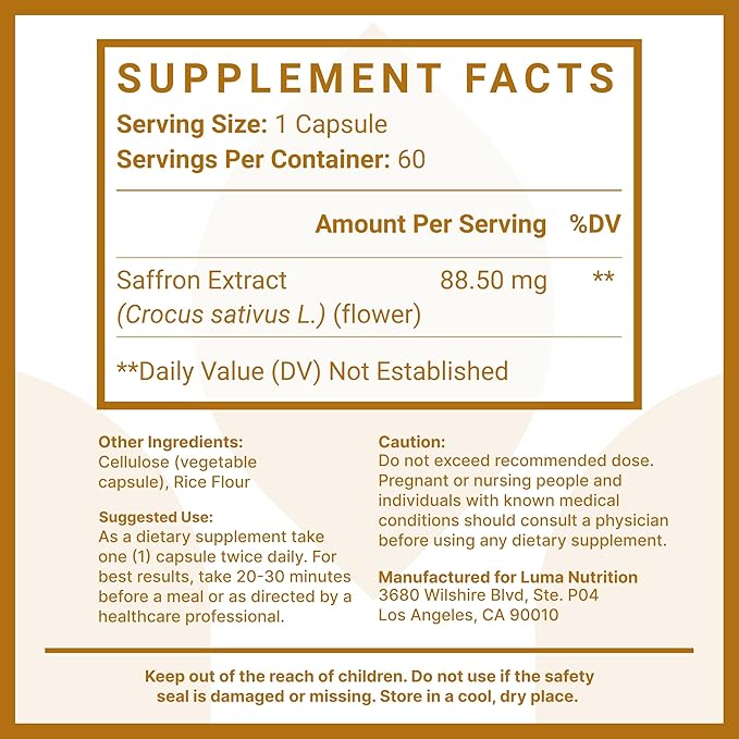 Luma Nutrition Saffron Extract Capsules - Premium Saffron Supplements - 88.50 mg Pure Saffron Pills - Mood Support - Eye Support - Made in The USA - 60 Capsules