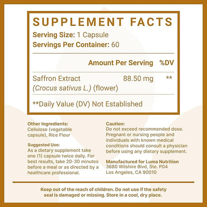 Luma Nutrition Saffron Extract Capsules - Premium Saffron Supplements - 88.50 mg Pure Saffron Pills - Mood Support - Eye Support - Made in The USA - 60 Capsules