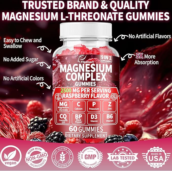 Magnesium Gummies 2000mg with Vitamin D3 & B6 Magnesium Complex Gummies Supplement for Brain & Sleep and Memory & Attention Made in USA 60 Counts Raspberry Flavor