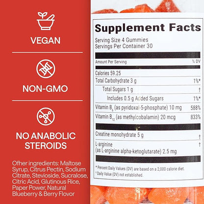 Creatine Monohydrate Gummies 5g with Vitamins B6, B12 - Boost Strength & Recovery with Creatine Chewables - Tasty Creatine for Men Muscle Gain - Creatina Monohidratada en Gomitas - 120 Creatine Gummys