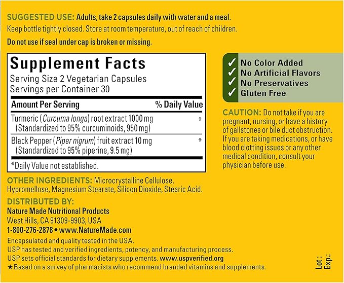Nature Made Extra Strength Turmeric Curcumin with Black Pepper, 1000mg extract (950mg Curcuminoids) per serving, Supports Healthy Inflammation Response, 60 Vegetarian Capsules, 30 Day Supply