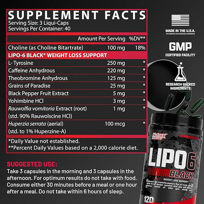 Nutrex Lipo-6 Black Max Strength Fat Burner - Fast Acting Energy, Weight Loss Diet Pills – Appetite Suppressant, Metabolism Booster - 120 Capsules