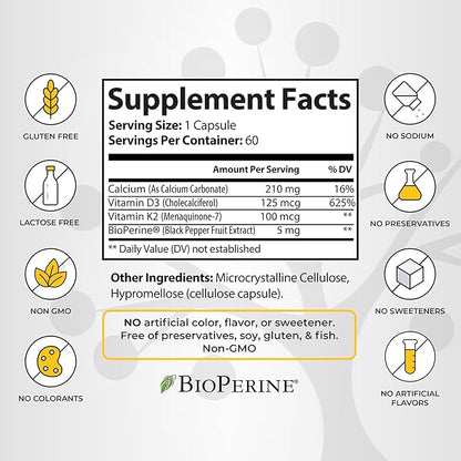 Vitamin D3 K2 Supplement, 5000 IU - Supports Immune and Cardiac Wellness, High Potency, Gluten Free, 60 Capsules