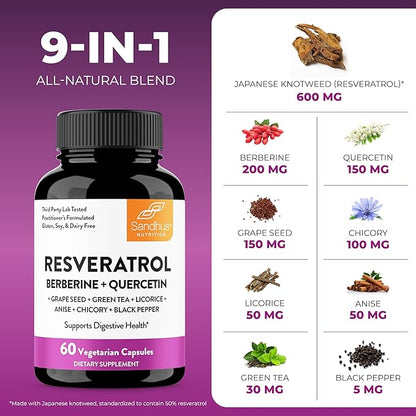 Resveratrol with Berberine for Gut Health | Digestive Supplement for Women and Men | Quercetin, Green Tea, Star Anise, DGL & Grape Seed Extract | 120 Vegetarian Capsules for Adults