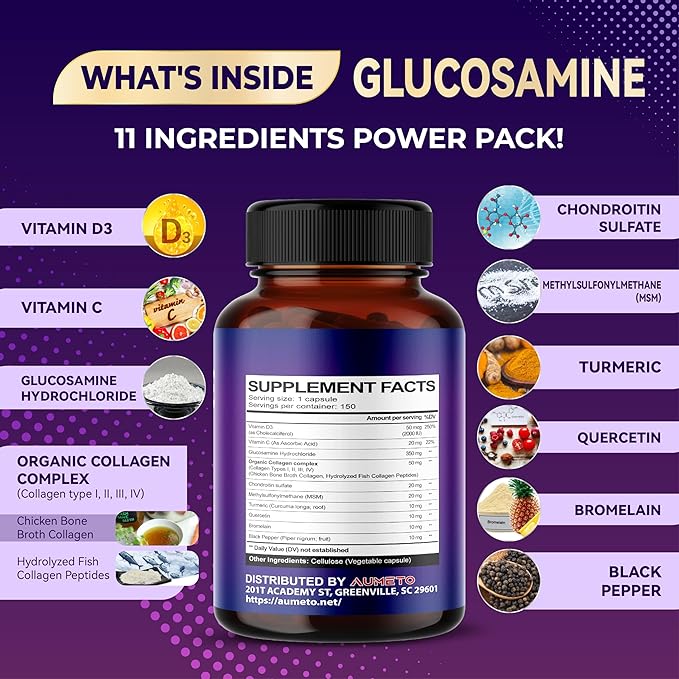 Glucosamine Enhanced Formula with MSM, Chondroitin, Turmeric, Collagen- for Joint Comfort, Cartilage Flexibility - Made in The US