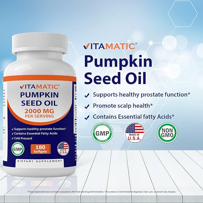 Vitamatic Pumpkin Seed Oil 2000mg Softgel Capsules per Serving - 180 Softgels - 1000mg per softgel