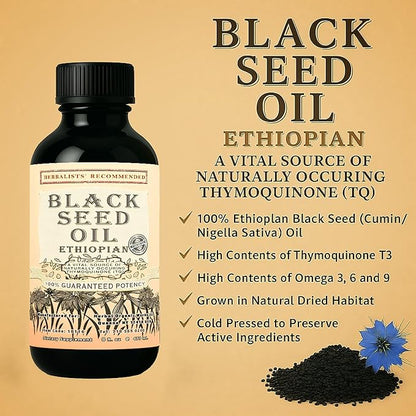 Black Seed Oil 8 oz - Cold Pressed Ethiopian Black Cumin Nigella Sativa, 3X Thymoquinone, 100% Pure & Organic Liquid in Glass Bottle - Supports Immune, Hair, and Skin Health