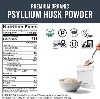 Viva Naturals Organic Psyllium Husk Powder, 24 oz - Finely Ground, Unflavored Plant Based Superfood - Good Source of Fiber for Gluten-Free Baking, Juices & Smoothies - Certified Vegan, Keto and Paleo