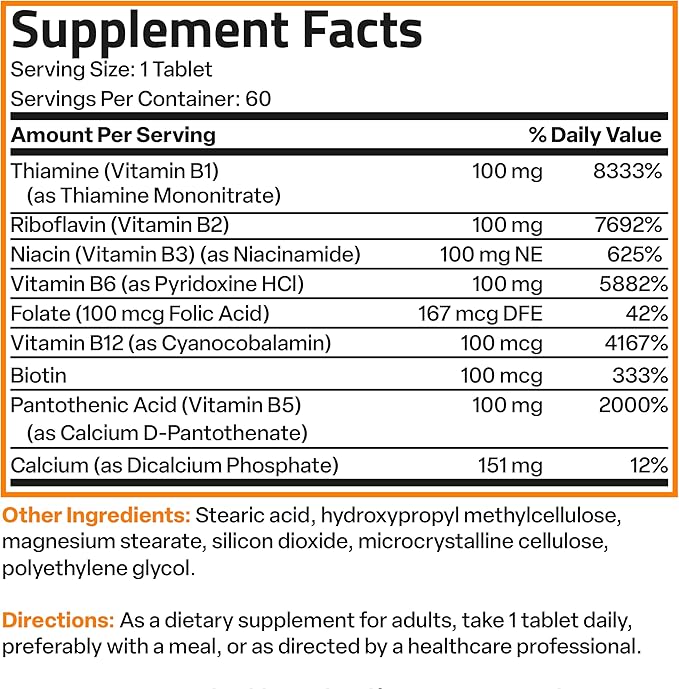 Bronson Vitamin B 100 Complex High Potency Sustained Release (Vitamin B1, B2, B3, B6, B9 - Folic Acid, B12), 60 Tablets