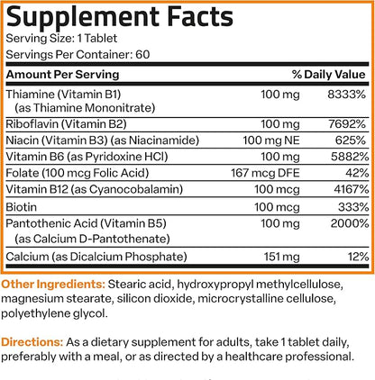 Bronson Vitamin B 100 Complex High Potency Sustained Release (Vitamin B1, B2, B3, B6, B9 - Folic Acid, B12), 60 Tablets