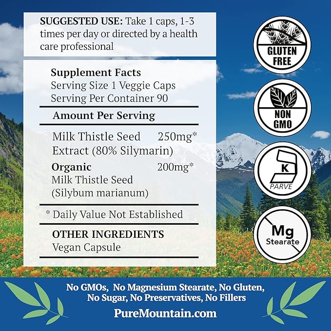 Pure Mountain Botanicals Milk Thistle Capsules - 90 Kosher Vegan Caps with Organic Milk Thistles and Potent Silymarin Extract