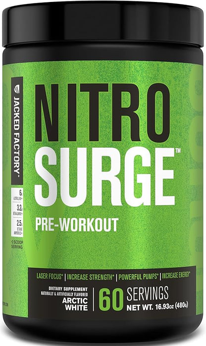 Jacked Factory NITROSURGE Pre Workout Supplement - Endless Energy, Instant Strength Gains, Clear Focus, Intense Pumps - Nitric Oxide Booster & Preworkout Energy Powder - 60 Servings, Arctic White