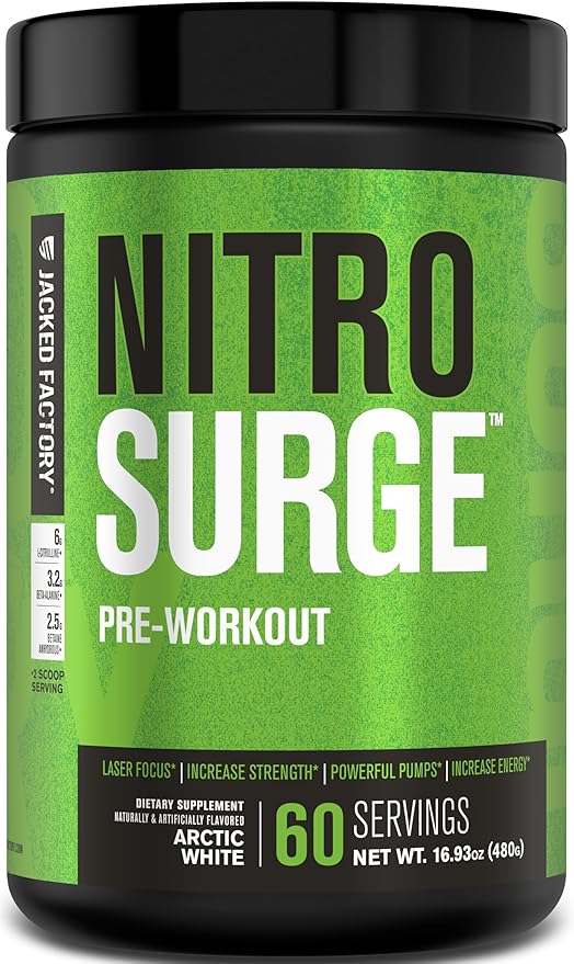 Jacked Factory NITROSURGE Pre Workout Supplement - Endless Energy, Instant Strength Gains, Clear Focus, Intense Pumps - Nitric Oxide Booster & Preworkout Energy Powder - 60 Servings, Arctic White