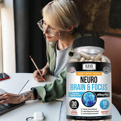 Kaya Naturals - Neuro Brain for Memory & Focus - Nootropic Energy Capsule - Nootropic Brain Support Supplement - Focus & Concentration & Learning Accuracy - Cognitive Function - 30 Count