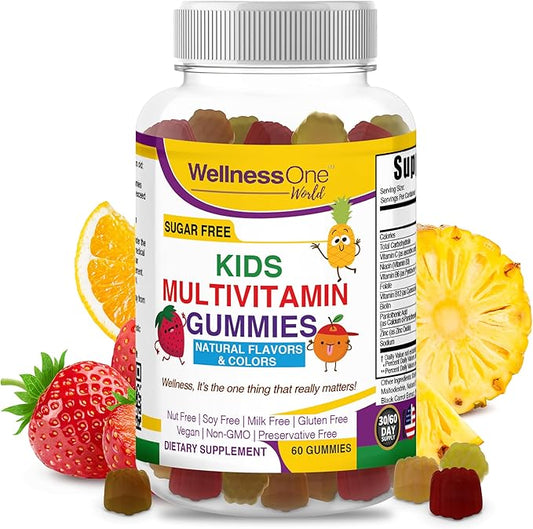 WellnessOne Kids Multivitamin Gummies - Sugar-Free Immune Support Supplement Packed with Vitamin C, B6, B12, Folic Acid & More - Natural Strawberry, Pineapple & Orange Flavors - 60 Gummy Vitamins