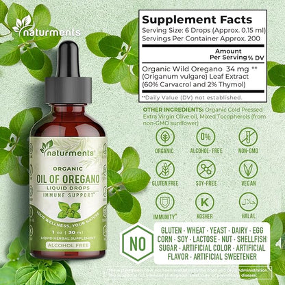 Naturments Oregano Oil Drops for Immune Support & Gut Health. Vegan, Non-GMO, Sugar Free & Gluten Free Organic Wild Mediterranean Oregano Oil with Organic Extra Virgin Olive Oil - 1 Fl Oz 30 Ml