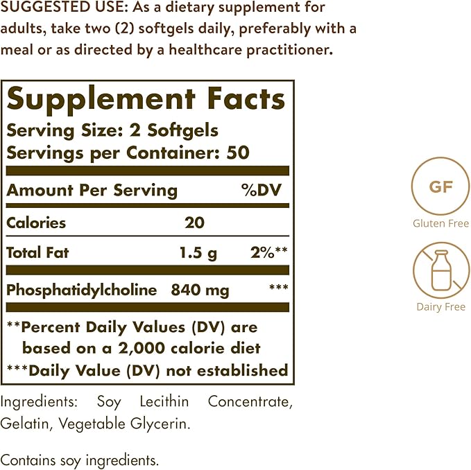 Solgar Phosphatidylcholine, 100 Softgels - Promote Healthy Cognitive Function - Derived From Lecithin - Contains Choline for Neurotransmitter Acetylcholine - Gluten Free, Dairy Free - 50 Servings
