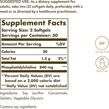 Solgar Phosphatidylcholine, 100 Softgels - Promote Healthy Cognitive Function - Derived From Lecithin - Contains Choline for Neurotransmitter Acetylcholine - Gluten Free, Dairy Free - 50 Servings