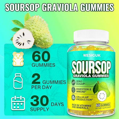 Soursop Graviola Gummies, Max Strength Soursop Leaves Extract with Sea Moss, Turmeric for Cell Support & Regeneration, Immunity, Liver and Antioxidant, Sugar/Gluten Free, Vegan - 60 Soursop Gummies