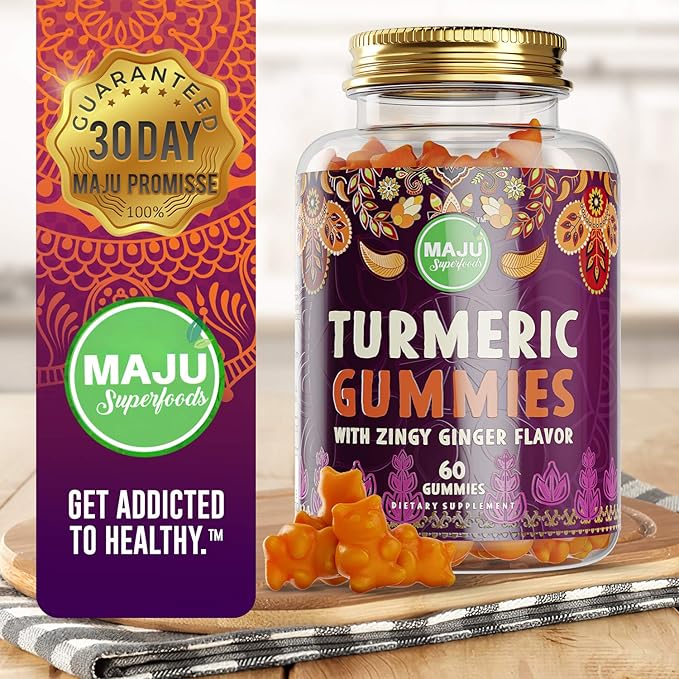 Maju Superfoods Turmeric Curcumin Gummies 60ct, Zingy Ginger Taste, Black Pepper Extract for Enhanced Absorption and Potency, Turmeric Gummies for Adults and Kids