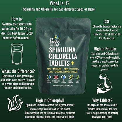 On Target Living Spirulina Chlorella + CGF | 1000 Tablets | Vegan | Boosts Immune System | High in Protein | Alkalyzing | Nutrient Dense | Detoxifying | Energy | Recovery