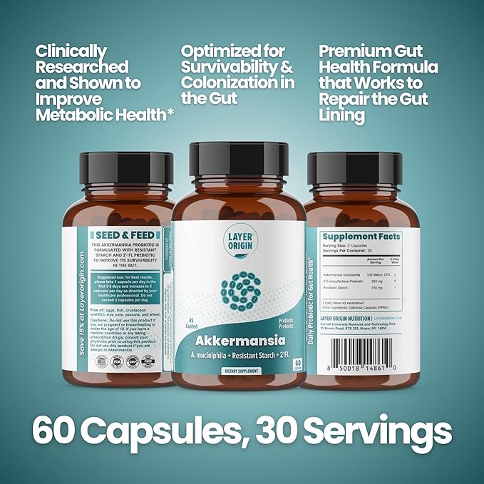 Layer Origin Akkermansia muciniphila Probiotic, The Only Akkermansia with PureHMO Prebiotic, Live, Validated Strain, 30-Day