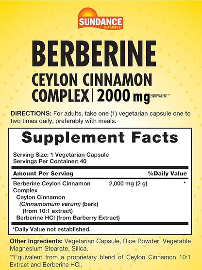 Sundance Berberine with Ceylon Cinnamon | 2000mg | 40 Capsules | Vegetarian, Non-GMO & Gluten Free Supplement