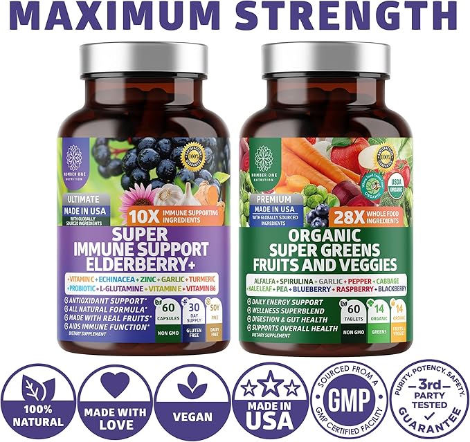 N1N Premium Organic Super Fruits & Veggies + Immune Support [38 Powerful Ingredients], Natural Super Greens Supplement with Alfalfa, Vitamins & Minerals, Zinc, Turmeric and Probiotic, 120 Caps