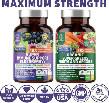 N1N Premium Organic Super Fruits & Veggies + Immune Support [38 Powerful Ingredients], Natural Super Greens Supplement with Alfalfa, Vitamins & Minerals, Zinc, Turmeric and Probiotic, 120 Caps