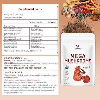 Organic Mega Mushroom Powder Blend, 10 in 1 Complex Mushroom Extract Powder Herbal Supplement with Reishi, Cordyceps, Chaga, Lion's Mane, Vegan & More, Sustainably US Grown, Filler Free, 10oz