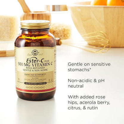 Solgar Ester-C Plus 500 mg Vitamin C (Ascorbate Complex), 100 Vegetable Capsules - Gentle & Non Acidic - Antioxidant & Immune Support - Non GMO, Vegan, Gluten Free, Kosher - 100 Servings