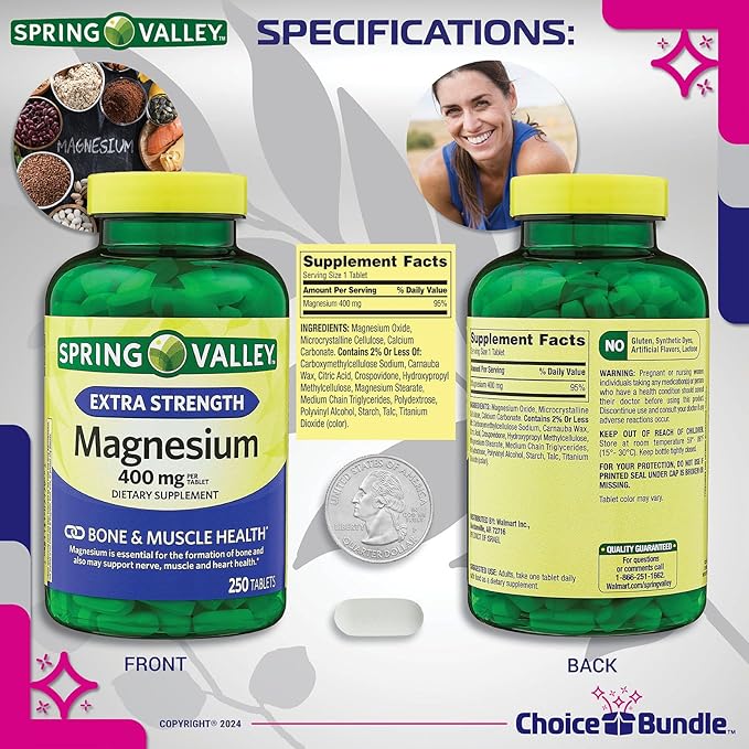 Spring Valley Magnesium Bone & Muscle Health Dietary Supplement Tablets 400 mg 250 Ct 3 pk Choice Bundle (750 Total) + “Vitamin Vitality” Guide & Pill Container (5 Items)!