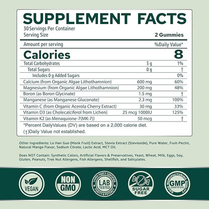 (2 Pack) Calcium Gummies for Women, Sugar Free Calcium Supplement from Sustainable Algae (3rd Party Tested) with Vitamin D3 K2, C, Zinc, Boron, Manganese for Bone Strength, Calcium Absoption, Vegan
